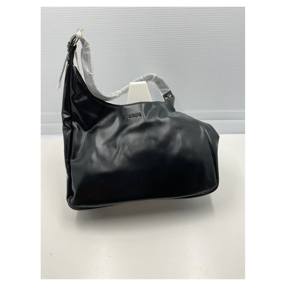 SeaGloca Black Faux Leather Hobo Shoulder Bag Large‎ NWT
